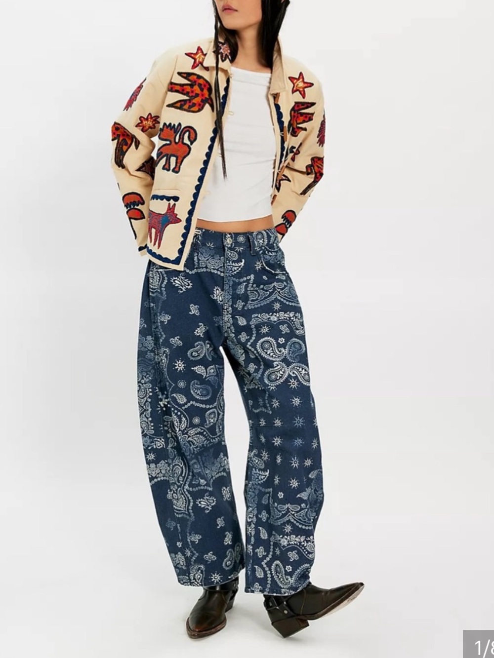 We The Free Women Jeans 28 Blue Denim Paisley Good Luck Printed Barrel